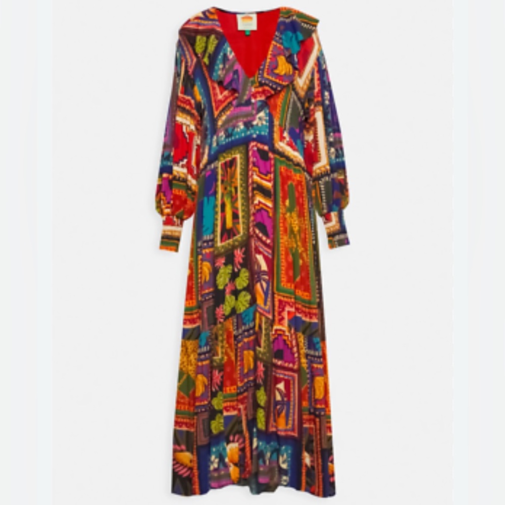 Farm Rio women’s Patchwork Tapestry ankle maxi Dress ruffle V-neck‎ tiered red M - Picture 7 of 11